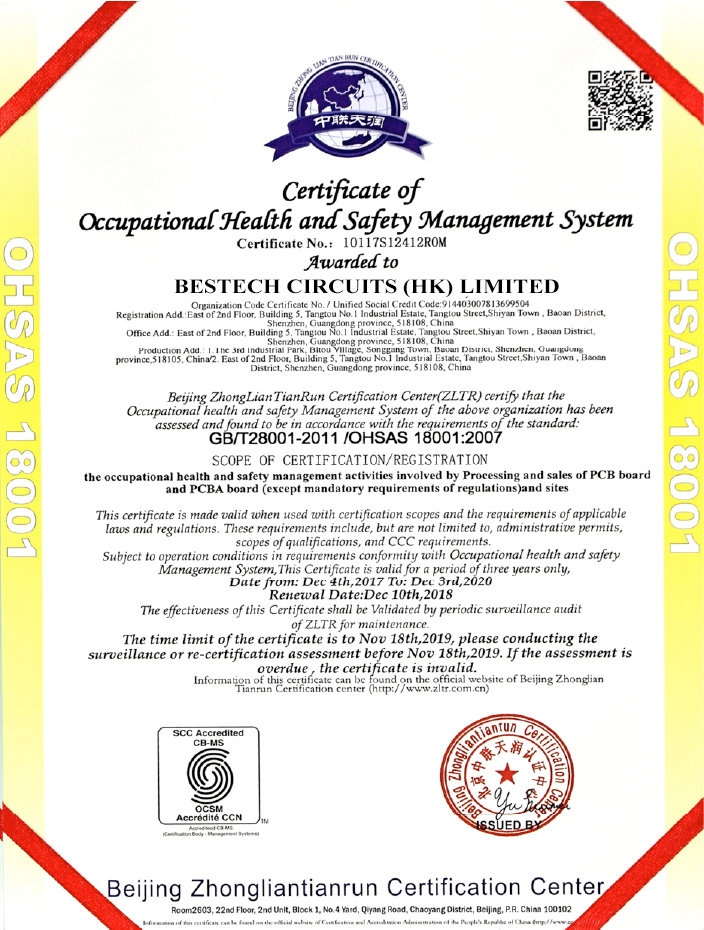 Bestech PCBA OHSAS18001 Occupational Safety Certification